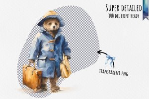 Instant Download Watercolor Clipart Bundle of Paddington Bear Standing on a Platform at the Train Station, Suitcase and Tag Included