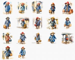 Instant Download Watercolor Clipart Bundle of Paddington Bear Standing on a Platform at the Train Station, Suitcase and Tag Included