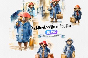 Instant Download Watercolor Clipart Bundle of Paddington Bear Standing on a Platform at the Train Station, Suitcase and Tag Included