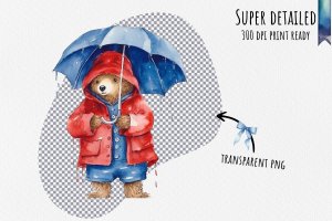 Instant Download Watercolor Clipart Bundle - Paddington Bear in Red Hat & Blue Raincoat, Rainy London Day, Polka-Dotted Umbrella, PNG Images