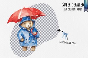 Instant Download Watercolor Clipart Bundle - Paddington Bear in Red Hat & Blue Raincoat, Rainy London Day, Polka-Dotted Umbrella, PNG Images