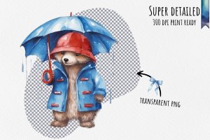 Instant Download Watercolor Clipart Bundle - Paddington Bear in Red Hat & Blue Raincoat, Rainy London Day, Polka-Dotted Umbrella, PNG Images