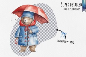 Instant Download Watercolor Clipart Bundle - Paddington Bear in Red Hat & Blue Raincoat, Rainy London Day, Polka-Dotted Umbrella, PNG Images