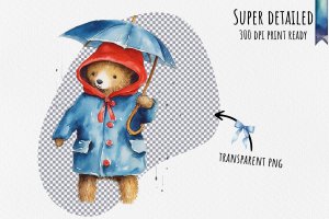 Instant Download Watercolor Clipart Bundle - Paddington Bear in Red Hat & Blue Raincoat, Rainy London Day, Polka-Dotted Umbrella, PNG Images