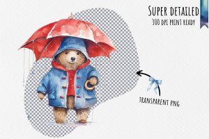 Instant Download Watercolor Clipart Bundle - Paddington Bear in Red Hat & Blue Raincoat, Rainy London Day, Polka-Dotted Umbrella, PNG Images