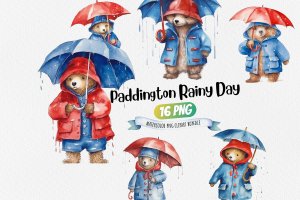 Instant Download Watercolor Clipart Bundle - Paddington Bear in Red Hat & Blue Raincoat, Rainy London Day, Polka-Dotted Umbrella, PNG Images