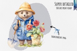 Instant Download Watercolor Clipart Bundle: Paddington Bear tending a colorful garden with gloves, shovel. Digital PNG images for crafts