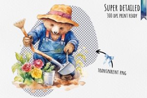 Instant Download Watercolor Clipart Bundle: Paddington Bear tending a colorful garden with gloves, shovel. Digital PNG images for crafts