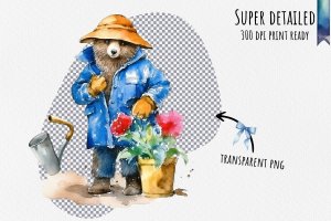 Instant Download Watercolor Clipart Bundle: Paddington Bear tending a colorful garden with gloves, shovel. Digital PNG images for crafts