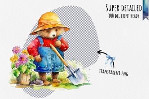 Instant Download Watercolor Clipart Bundle: Paddington Bear tending a colorful garden with gloves, shovel. Digital PNG images for crafts