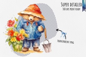 Instant Download Watercolor Clipart Bundle: Paddington Bear tending a colorful garden with gloves, shovel. Digital PNG images for crafts