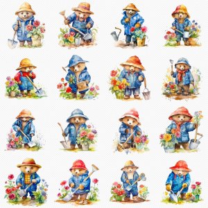 Instant Download Watercolor Clipart Bundle: Paddington Bear tending a colorful garden with gloves, shovel. Digital PNG images for crafts