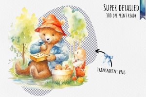 Instant Download Watercolor Clipart Bundle - Playful Paddington Bear Sharing Marmalade Sandwiches with Joyful Children in Sunny Park