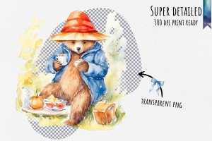 Instant Download Watercolor Clipart Bundle - Playful Paddington Bear Sharing Marmalade Sandwiches with Joyful Children in Sunny Park