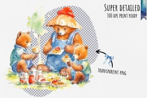 Instant Download Watercolor Clipart Bundle - Playful Paddington Bear Sharing Marmalade Sandwiches with Joyful Children in Sunny Park