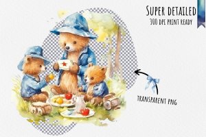 Instant Download Watercolor Clipart Bundle - Playful Paddington Bear Sharing Marmalade Sandwiches with Joyful Children in Sunny Park