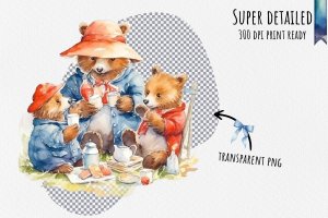 Instant Download Watercolor Clipart Bundle - Playful Paddington Bear Sharing Marmalade Sandwiches with Joyful Children in Sunny Park