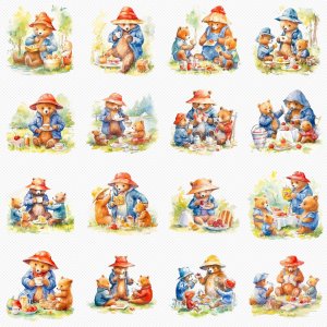 Instant Download Watercolor Clipart Bundle - Playful Paddington Bear Sharing Marmalade Sandwiches with Joyful Children in Sunny Park