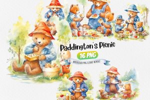 Instant Download Watercolor Clipart Bundle - Playful Paddington Bear Sharing Marmalade Sandwiches with Joyful Children in Sunny Park