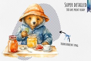 Instant Download Watercolor Clipart Bundle: Paddington Bear Sitting at a Table with Marmalade Jar and Sandwich, Happy Expression