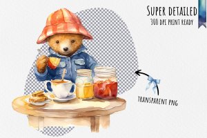 Instant Download Watercolor Clipart Bundle: Paddington Bear Sitting at a Table with Marmalade Jar and Sandwich, Happy Expression