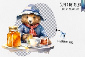 Instant Download Watercolor Clipart Bundle: Paddington Bear Sitting at a Table with Marmalade Jar and Sandwich, Happy Expression