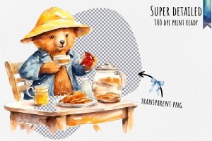 Instant Download Watercolor Clipart Bundle: Paddington Bear Sitting at a Table with Marmalade Jar and Sandwich, Happy Expression