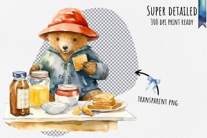 Instant Download Watercolor Clipart Bundle: Paddington Bear Sitting at a Table with Marmalade Jar and Sandwich, Happy Expression