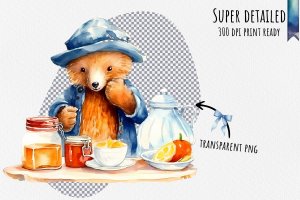 Instant Download Watercolor Clipart Bundle: Paddington Bear Sitting at a Table with Marmalade Jar and Sandwich, Happy Expression