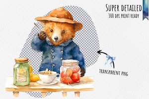 Instant Download Watercolor Clipart Bundle: Paddington Bear Sitting at a Table with Marmalade Jar and Sandwich, Happy Expression