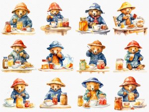 Instant Download Watercolor Clipart Bundle: Paddington Bear Sitting at a Table with Marmalade Jar and Sandwich, Happy Expression