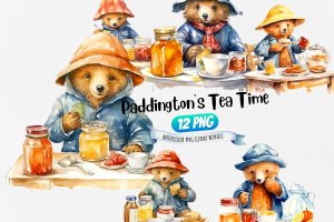 Instant Download Watercolor Clipart Bundle: Paddington Bear Sitting at a Table with Marmalade Jar and Sandwich, Happy Expression