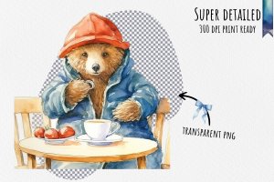 Instant Download Watercolor Clipart Bundle of Paddington Bear enjoying tea and biscuits in a Cozy British Tea Room, PNG Images