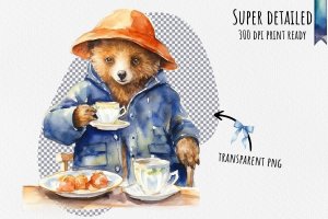 Instant Download Watercolor Clipart Bundle of Paddington Bear enjoying tea and biscuits in a Cozy British Tea Room, PNG Images