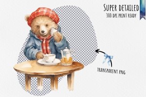 Instant Download Watercolor Clipart Bundle of Paddington Bear enjoying tea and biscuits in a Cozy British Tea Room, PNG Images