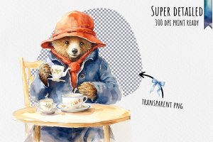 Instant Download Watercolor Clipart Bundle of Paddington Bear enjoying tea and biscuits in a Cozy British Tea Room, PNG Images