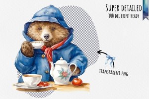 Instant Download Watercolor Clipart Bundle of Paddington Bear enjoying tea and biscuits in a Cozy British Tea Room, PNG Images