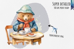 Instant Download Watercolor Clipart Bundle of Paddington Bear enjoying tea and biscuits in a Cozy British Tea Room, PNG Images