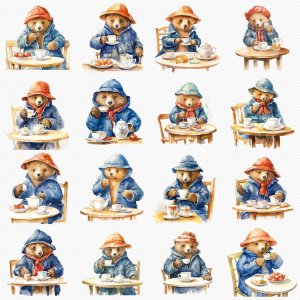 Instant Download Watercolor Clipart Bundle of Paddington Bear enjoying tea and biscuits in a Cozy British Tea Room, PNG Images