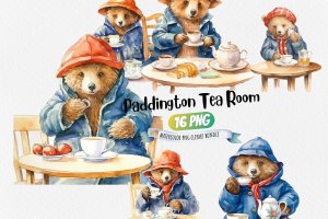 Instant Download Watercolor Clipart Bundle of Paddington Bear enjoying tea and biscuits in a Cozy British Tea Room, PNG Images