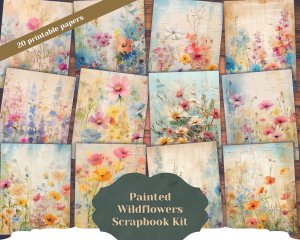 20 Pages of Painted Wildflowers Background, Vivid Colors, Shabby Chic Ephemera for Scrapbooking, Invitations, Digital Planners