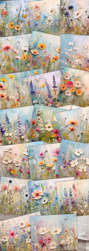 20 Pages of Painted Wildflowers Background, Vivid Colors, Shabby Chic Ephemera, Scrapbooking, Invitations, Digital Planners, Journaling