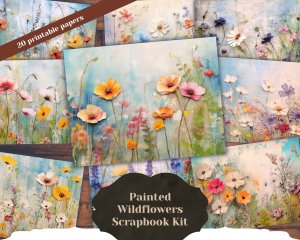 20 Pages of Painted Wildflowers Background, Vivid Colors, Shabby Chic Ephemera, Scrapbooking, Invitations, Digital Planners, Journaling