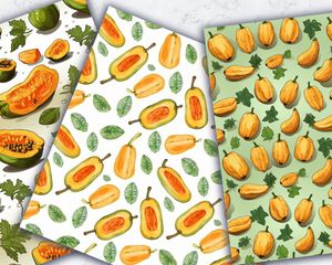 Papaya Clipart Digital Pattern Paper - Doodle Style Watercolor Illustration, Seamless Texture, Big Elements, Light Background - High Quality