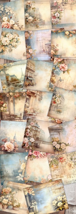 20 pages of Parisian Cafe Background Vintage Flowers, Shabby Chic Ephemera, Scrapbooking Backgrounds - Perfect for Invitations