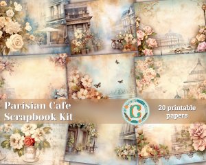 20 pages of Parisian Cafe Background, Vintage Flowers, Shabby Chic Ephemera, Scrapbooking Backgrounds - Perfect for Invitations