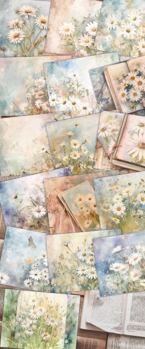 Watercolor pastel illustration of Daisies Junk Journal Background, Fairy Collage Printable, Digital Junk Journal, Nature Journal Paper