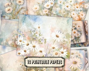 Watercolor pastel illustration of Daisies Junk Journal Background, Fairy Collage Printable, Digital Junk Journal, Nature Journal Paper