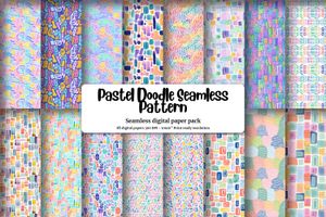 Pastel Doodle Pattern with Seamless Watercolor, White Lines on Solid Background, Doodle Shapes in Pastel Colors - Digital Paper for Crafts