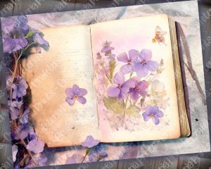 Fairy Tale Watercolor Pastel Violets Flowers Clipart, Junk Journal Background, Digital Collage Printable, Nature Journal Paper